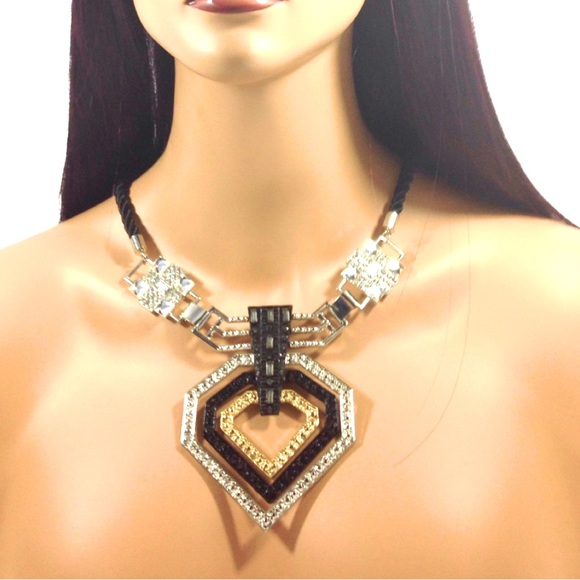 Diamond Shaped Rhinestone Tri Color Enameled Rope Necklace - Picture 3 of 5